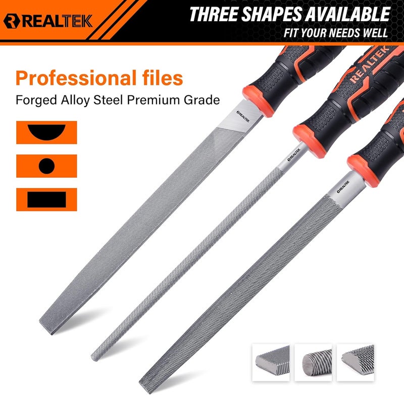 REALTEK 3-Piece Metal File Set, 12-inch Double Sided Steel Set, Includes Half-Round/Round/Flat Files, T12 Carbon Sharpening File, Professional Hand Files for Hard Metal Shaping - Image 3